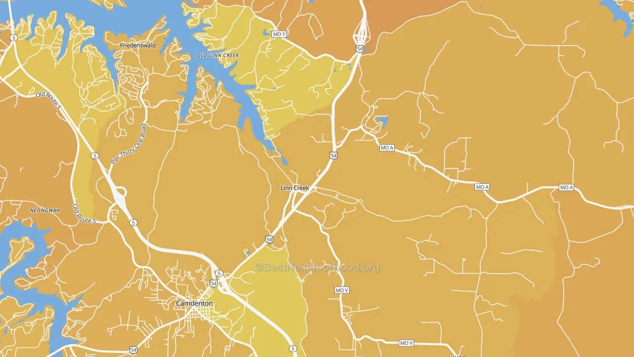 Map of the best neighborhoods in the Linn Creek area, with better matches in green and worse matches in red