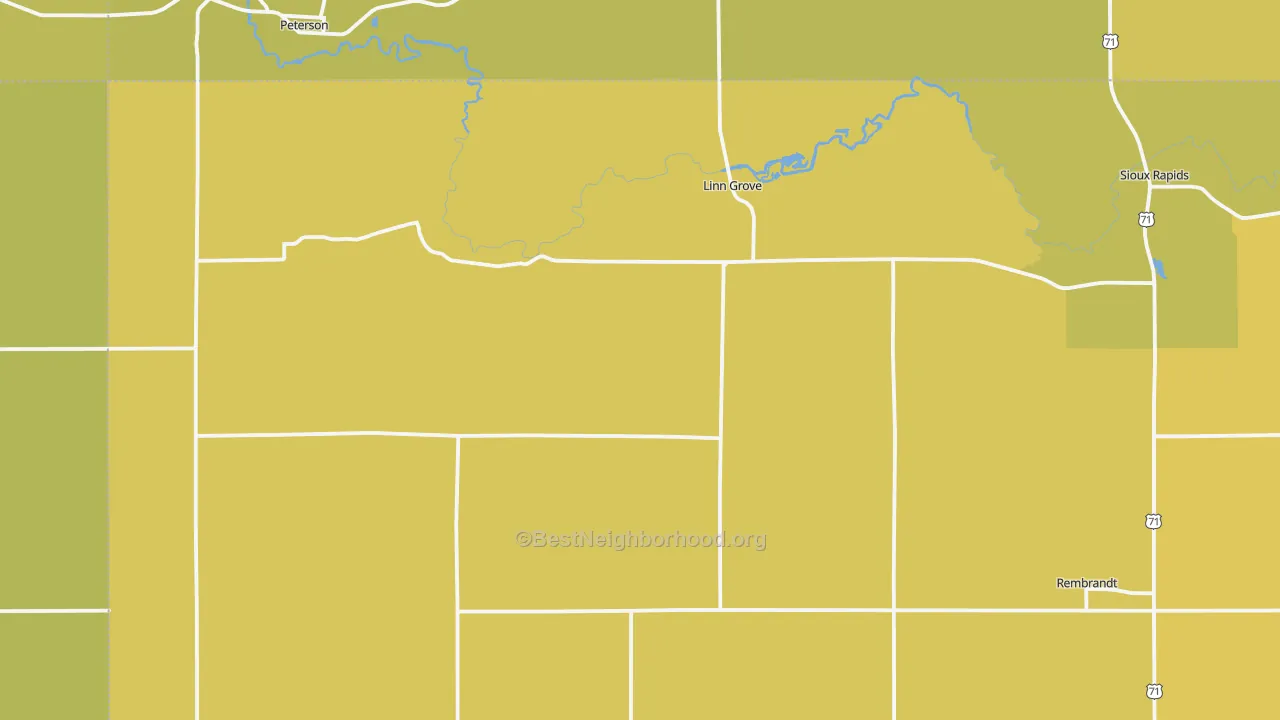 Map of the best neighborhoods in the Linn Grove area, with better matches in green and worse matches in red