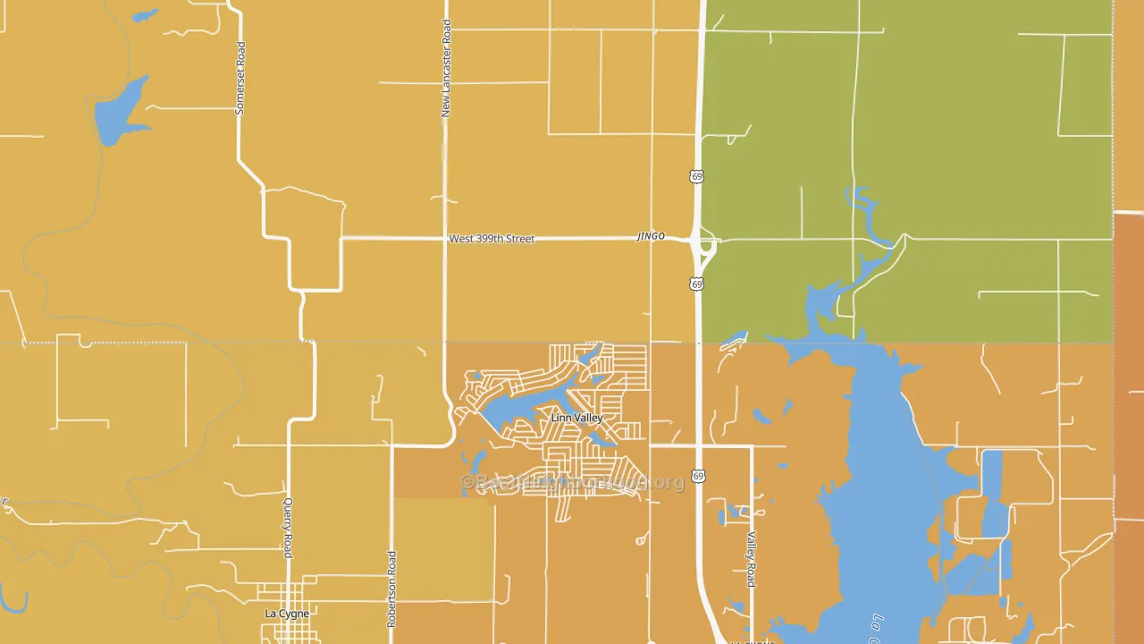 Map of the best neighborhoods in the Linn Valley area, with better matches in green and worse matches in red