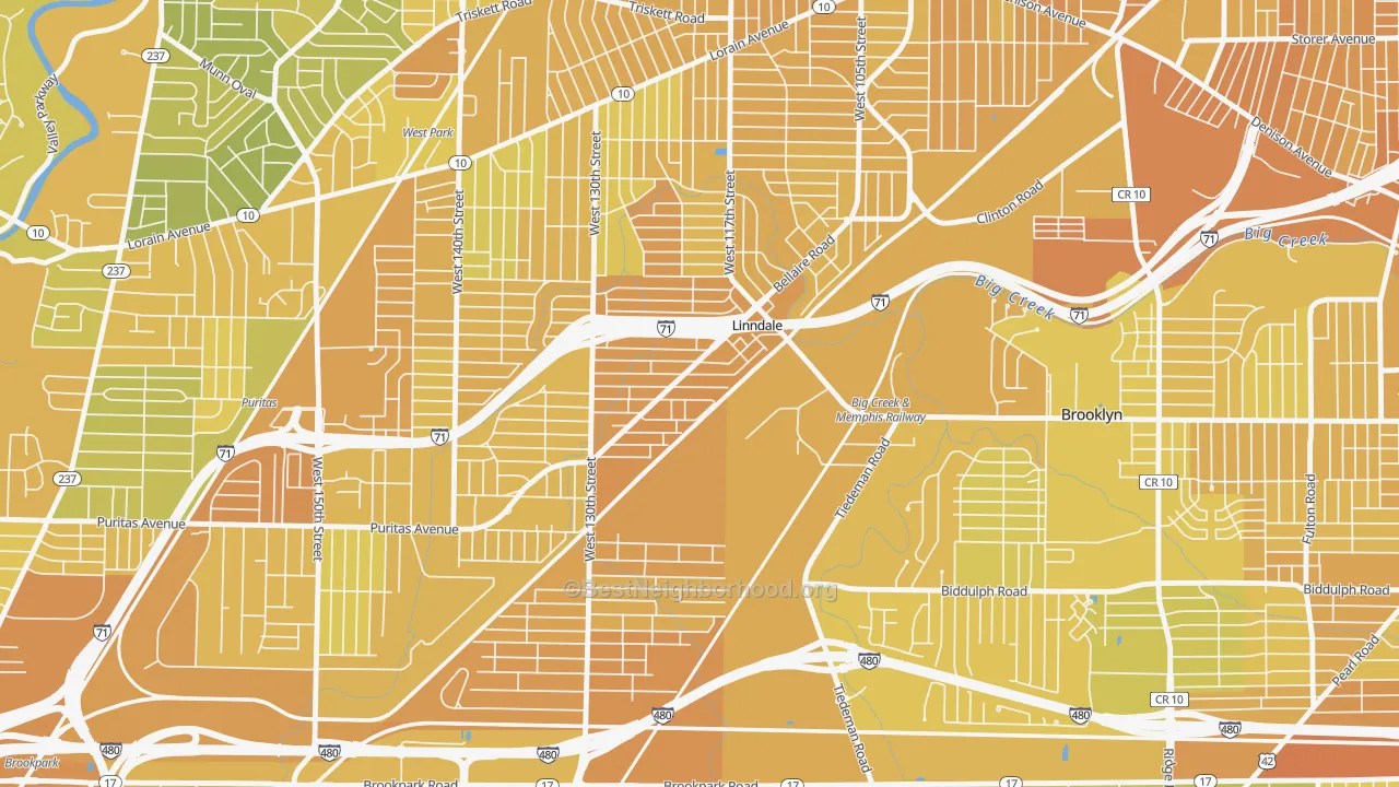 Map of the best neighborhoods in the Linndale area, with better matches in green and worse matches in red