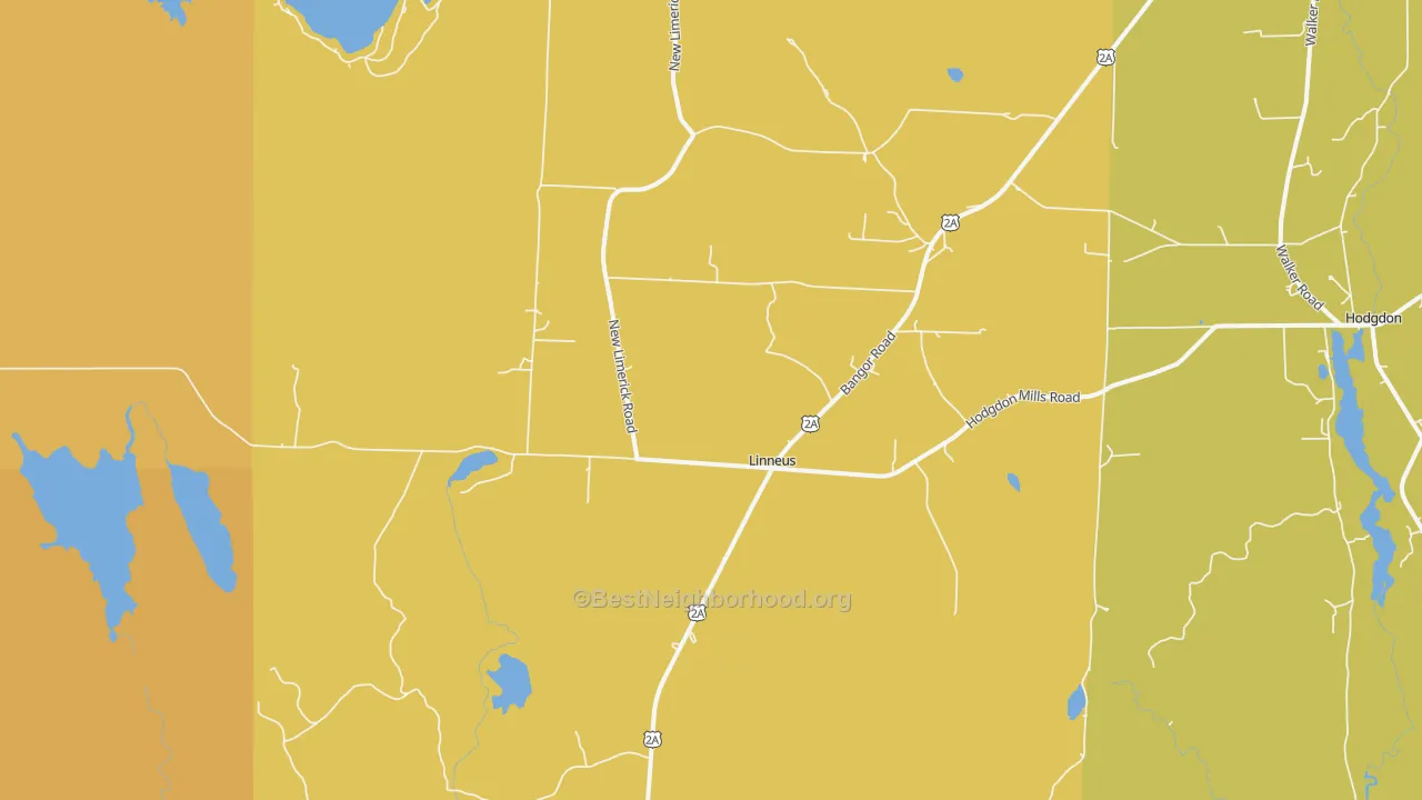 Map of the best neighborhoods in the Linneus area, with better matches in green and worse matches in red