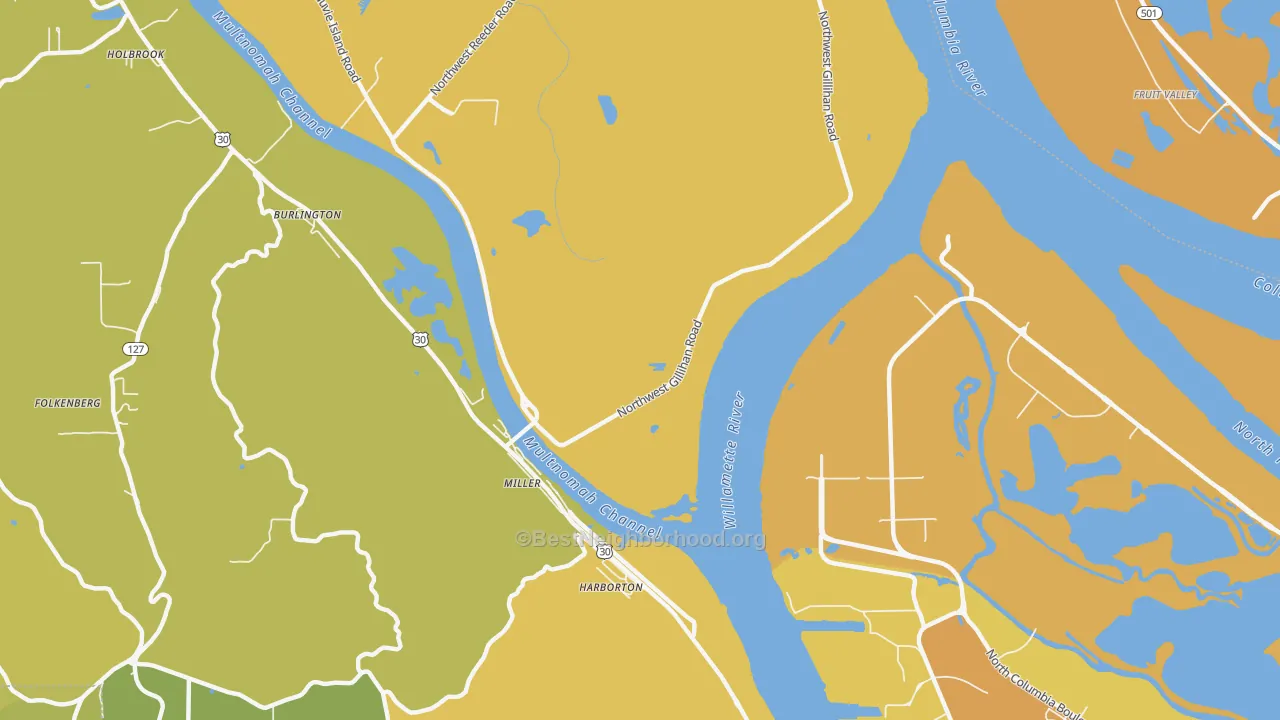 Map of the best neighborhoods in the Linnton area, with better matches in green and worse matches in red