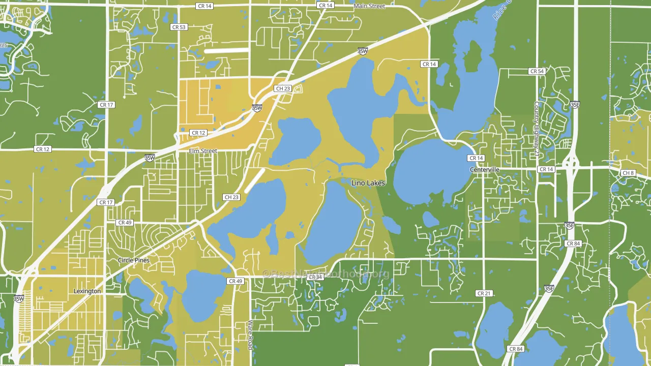 Map of the best neighborhoods in the Lino Lakes area, with better matches in green and worse matches in red