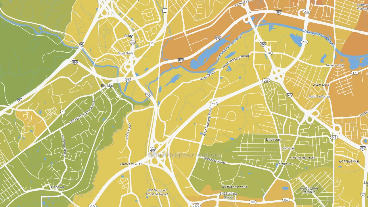 Map of the best neighborhoods in the Linthicum Heights area, with better matches in green and worse matches in red