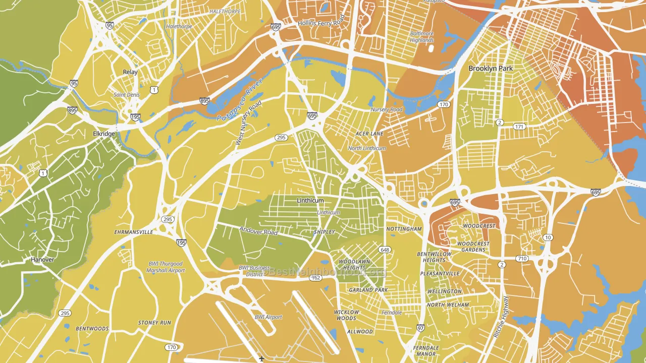 Map of the best neighborhoods in the Linthicum area, with better matches in green and worse matches in red