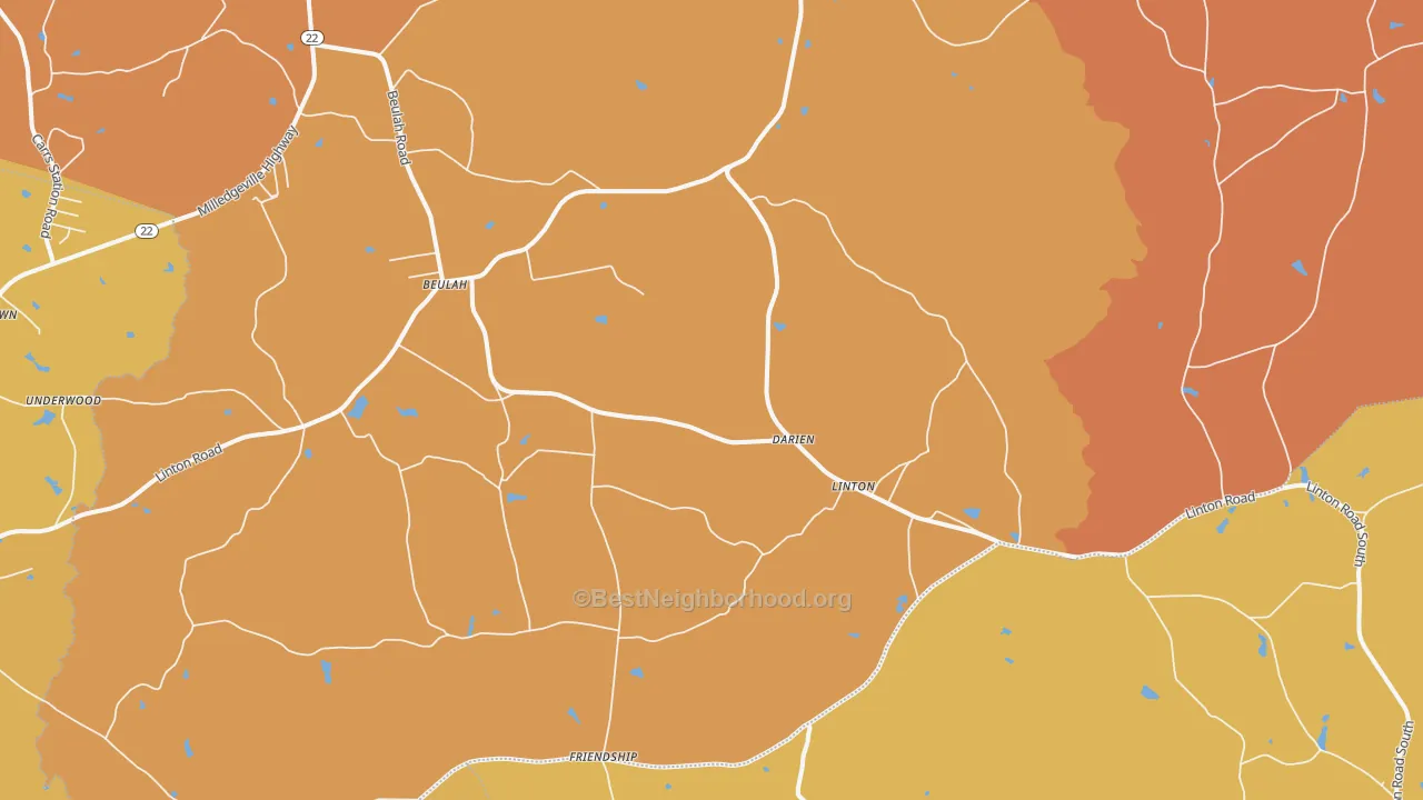 Map of the best neighborhoods in the Linton area, with better matches in green and worse matches in red