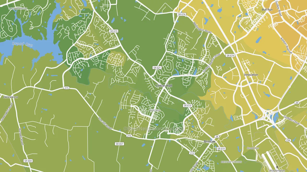 Map of the best neighborhoods in the Linton Hall area, with better matches in green and worse matches in red