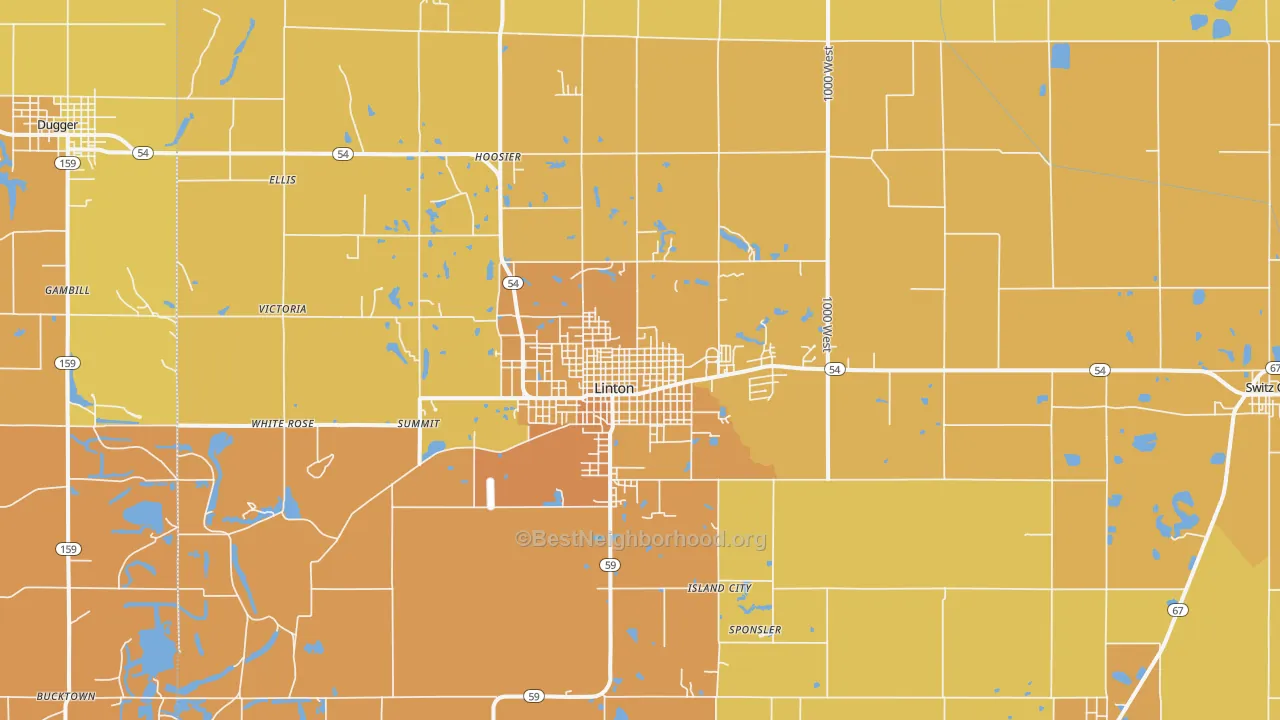 Map of the best neighborhoods in the Linton area, with better matches in green and worse matches in red