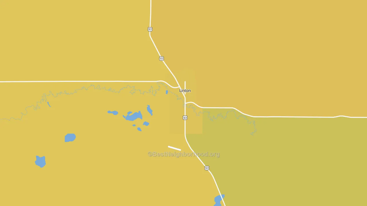 Map of the best neighborhoods in the Linton area, with better matches in green and worse matches in red