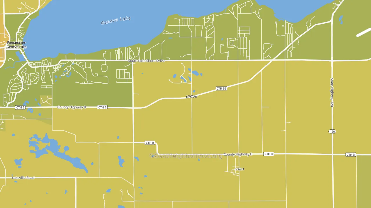 Map of the best neighborhoods in the Linton area, with better matches in green and worse matches in red