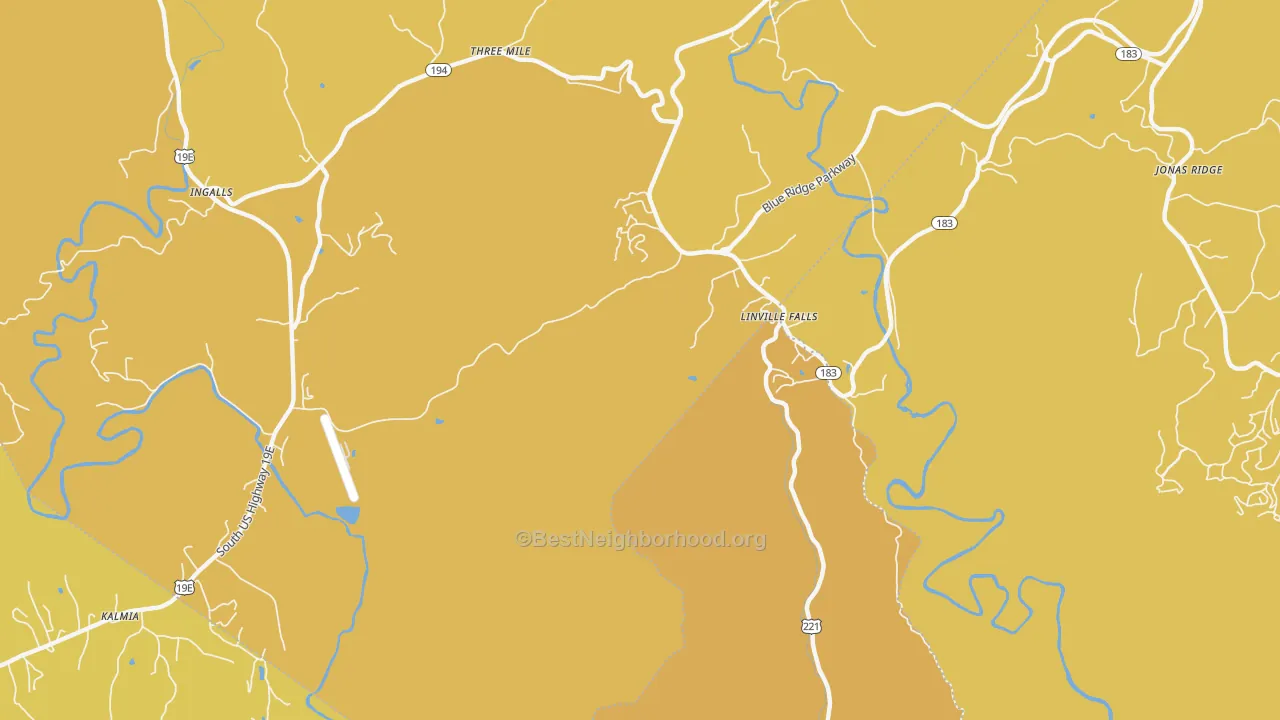 Map of the best neighborhoods in the Linville Falls area, with better matches in green and worse matches in red