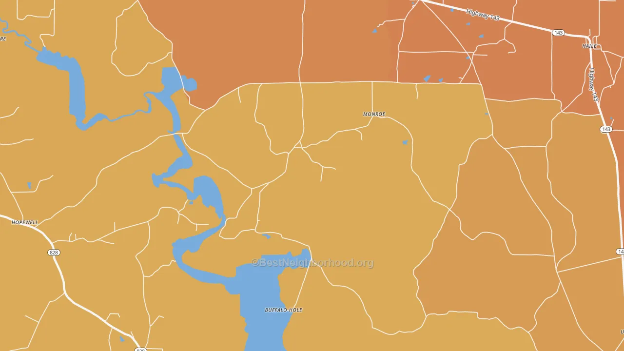 Map of the best neighborhoods in the Linville area, with better matches in green and worse matches in red