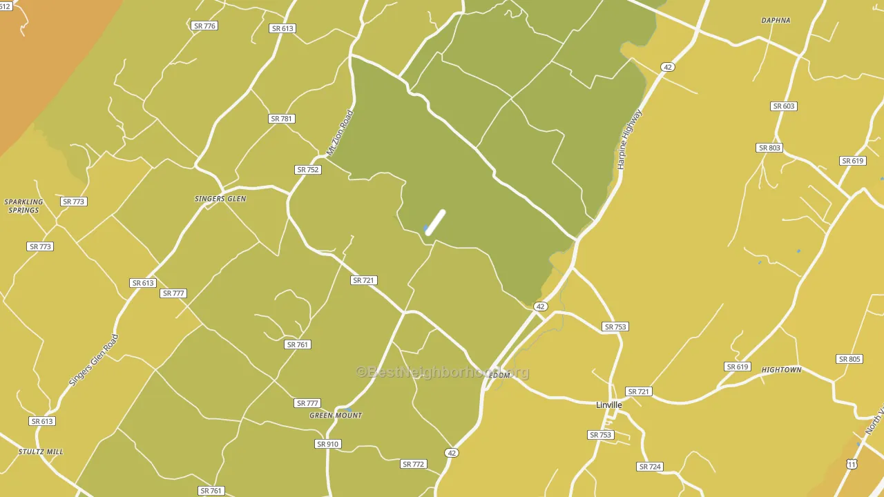 Map of the best neighborhoods in the Linville area, with better matches in green and worse matches in red