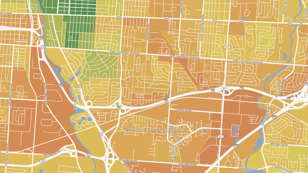 Map of the best neighborhoods in the Linwood, Columbus area, with better matches in green and worse matches in red