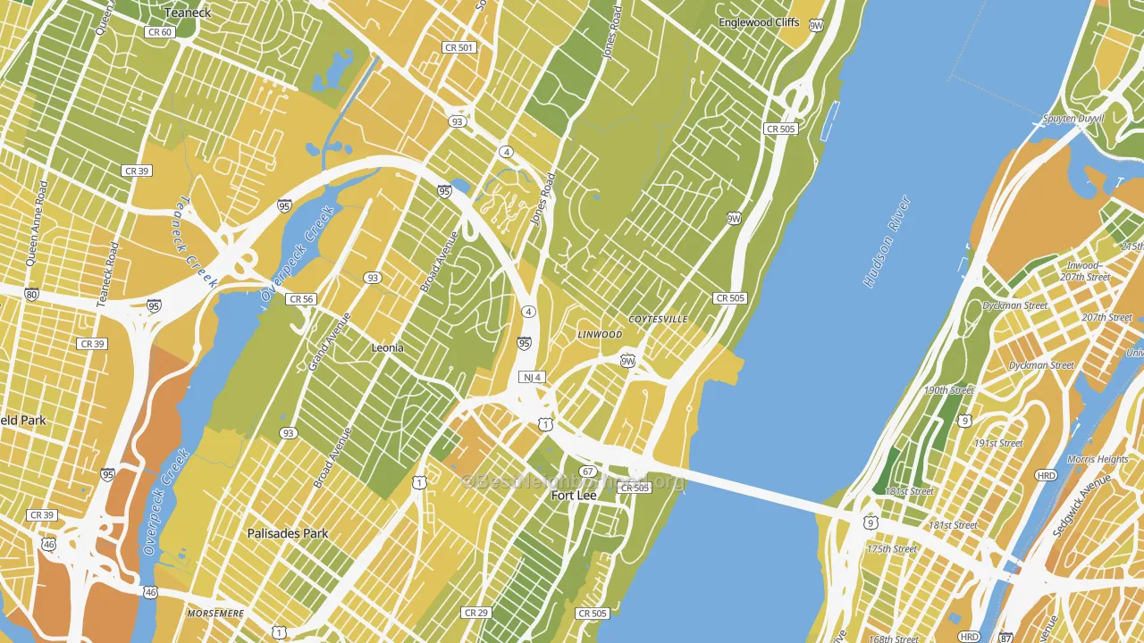 Map of the best neighborhoods in the Linwood, Fort Lee area, with better matches in green and worse matches in red