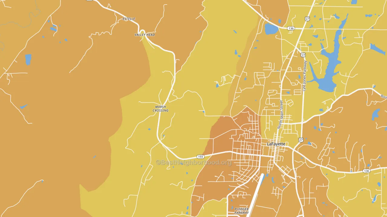 Map of the best neighborhoods in the Linwood area, with better matches in green and worse matches in red