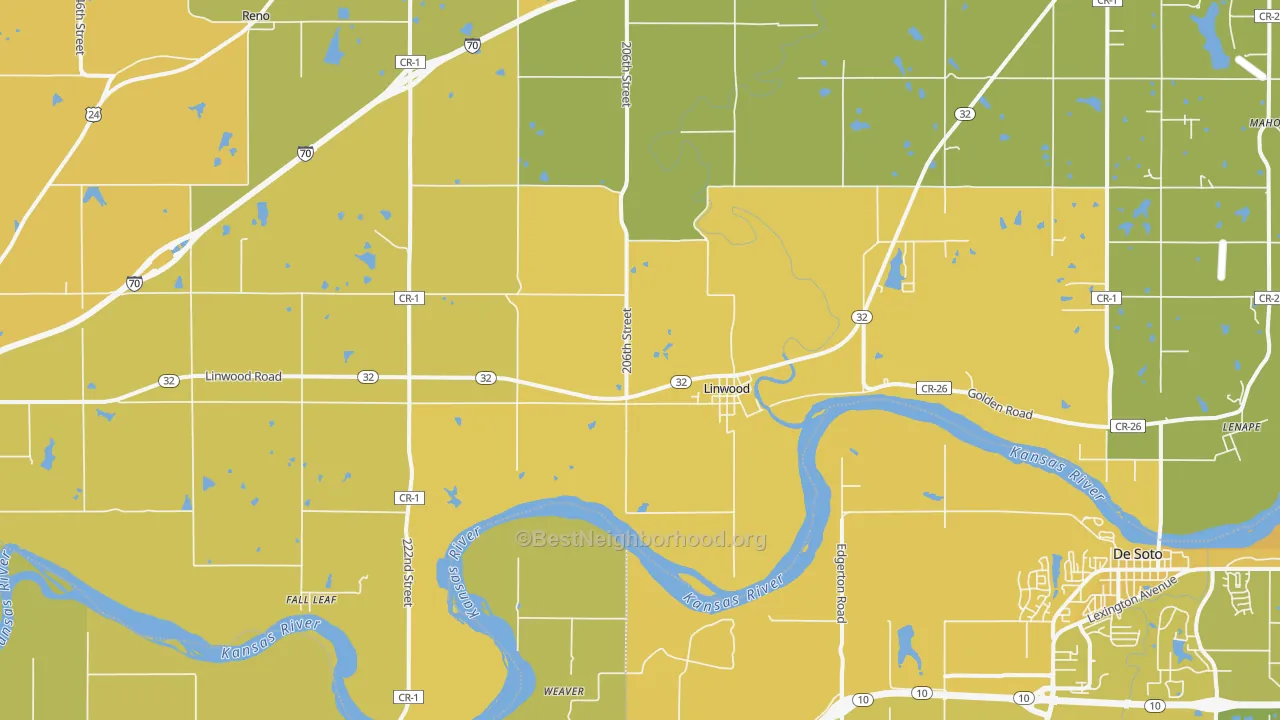 Map of the best neighborhoods in the Linwood area, with better matches in green and worse matches in red