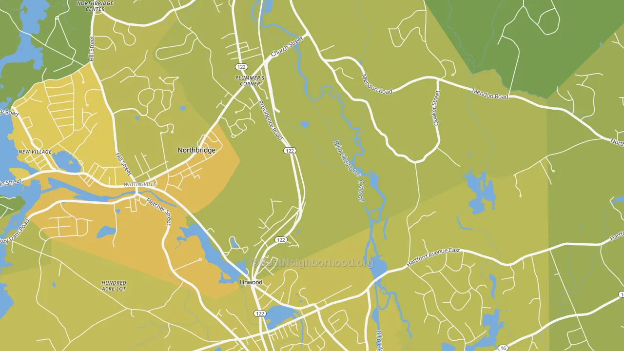 Map of the best neighborhoods in the Linwood area, with better matches in green and worse matches in red