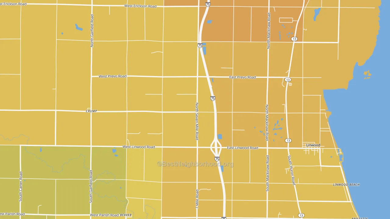 Map of the best neighborhoods in the Linwood area, with better matches in green and worse matches in red