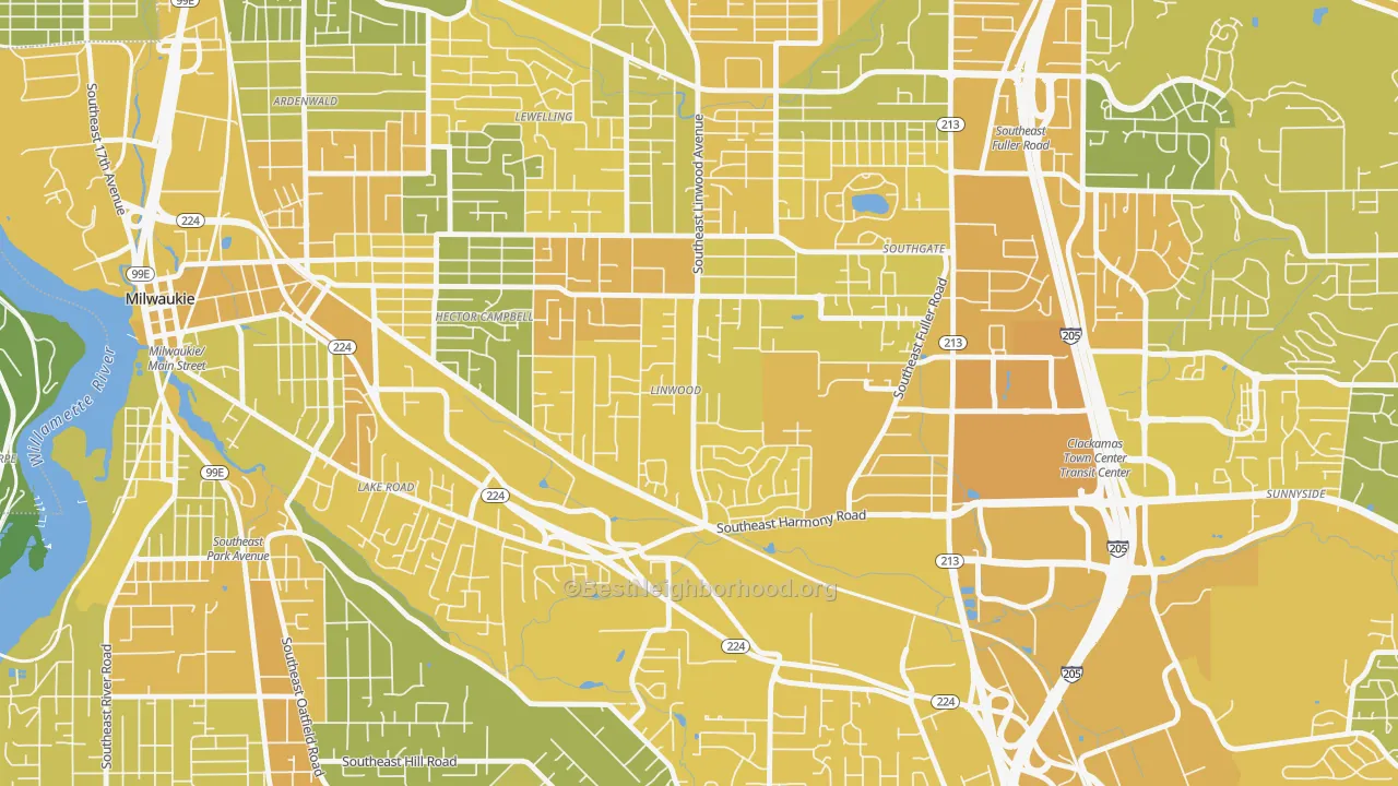 Map of the best neighborhoods in the Linwood, Milwaukie area, with better matches in green and worse matches in red