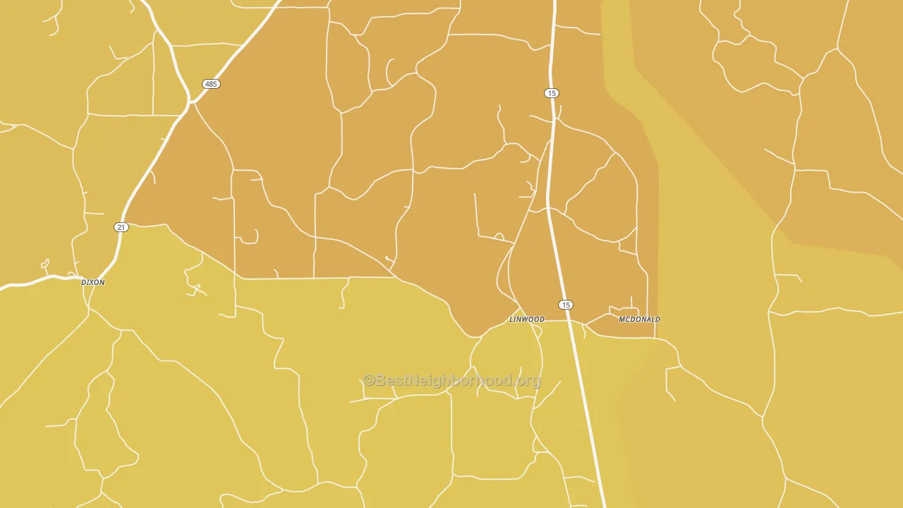 Map of the best neighborhoods in the Linwood area, with better matches in green and worse matches in red