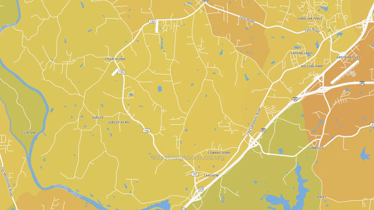 Map of the best neighborhoods in the Linwood area, with better matches in green and worse matches in red