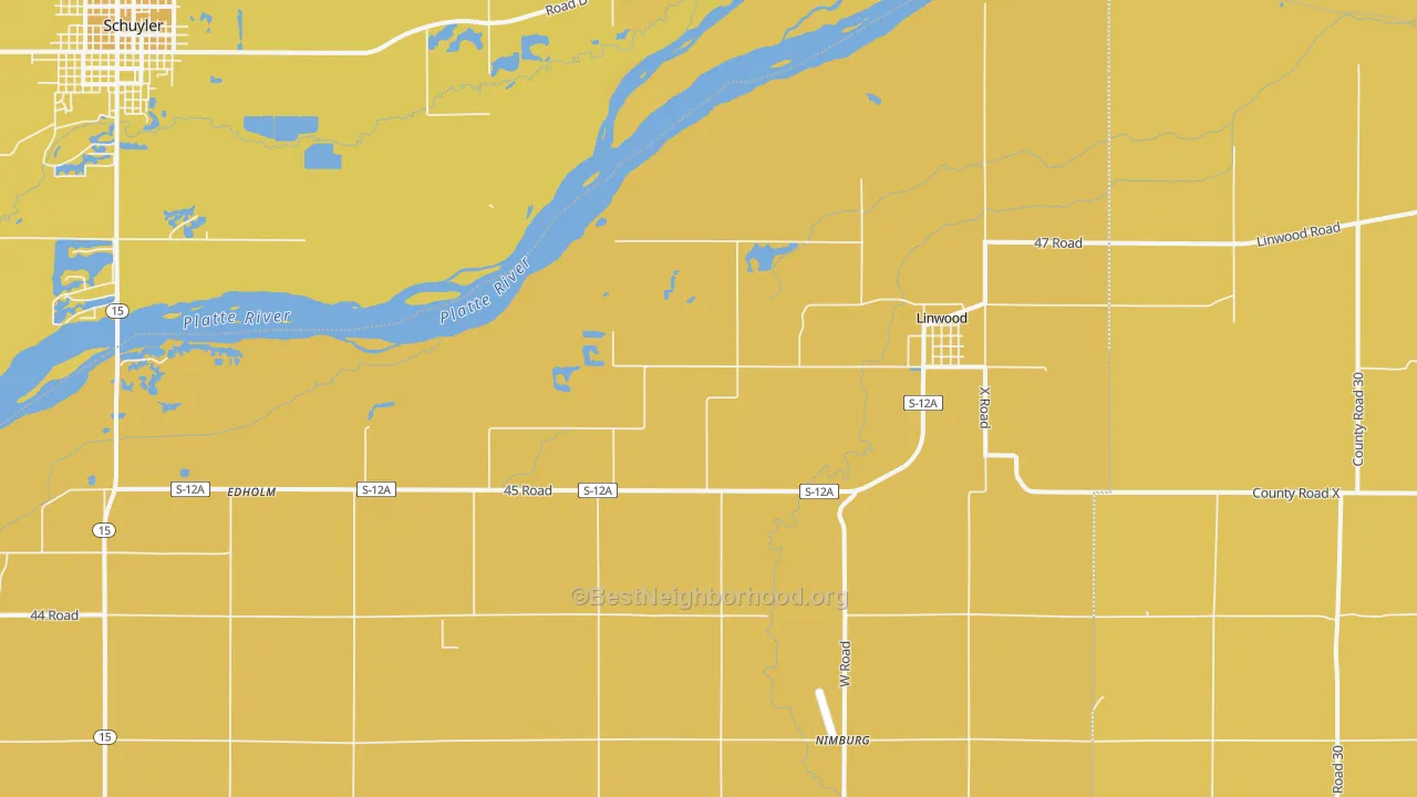 Map of the best neighborhoods in the Linwood area, with better matches in green and worse matches in red