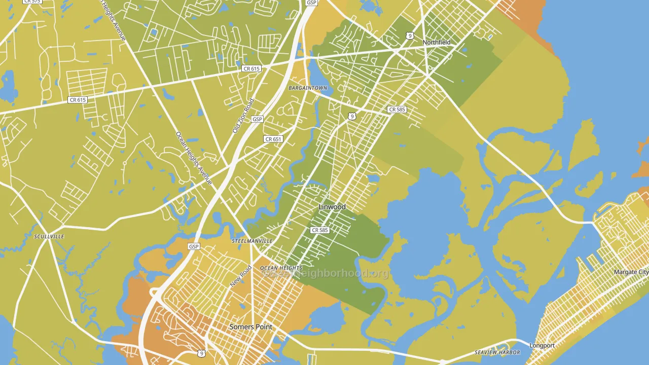 Map of the best neighborhoods in the Linwood area, with better matches in green and worse matches in red
