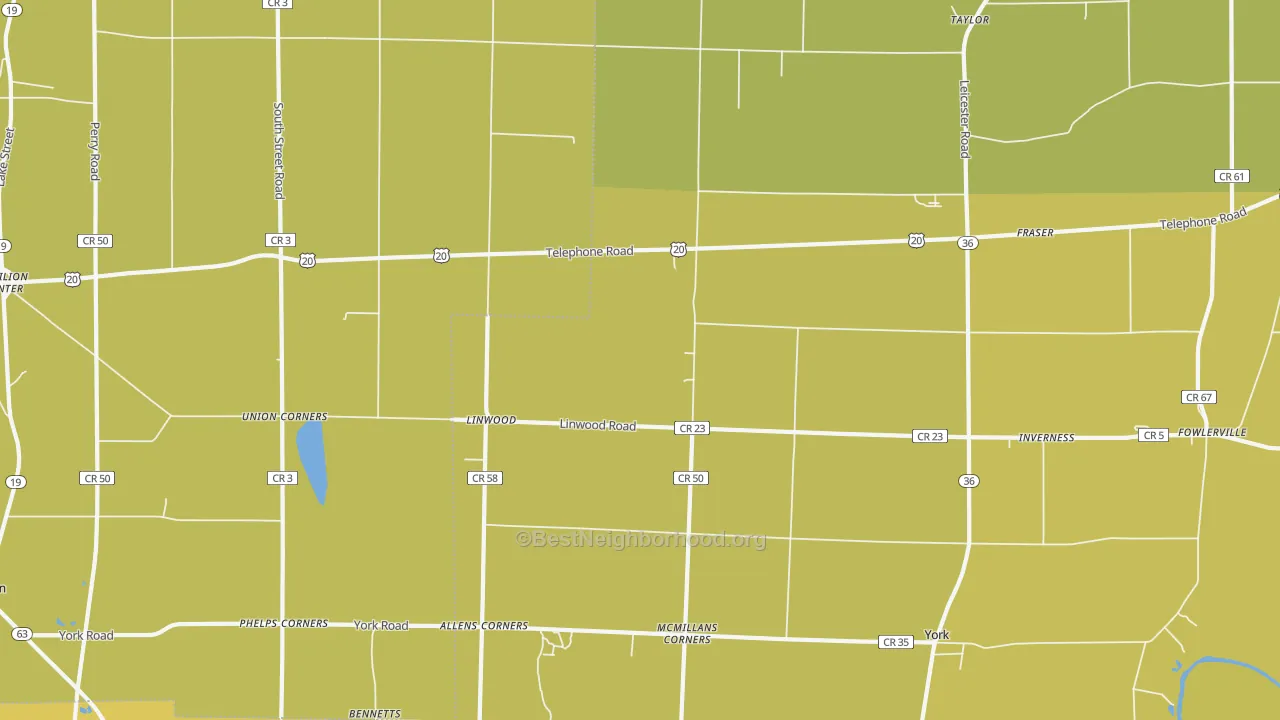 Map of the best neighborhoods in the Linwood area, with better matches in green and worse matches in red