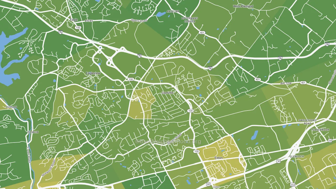Map of the best neighborhoods in the Lionville area, with better matches in green and worse matches in red