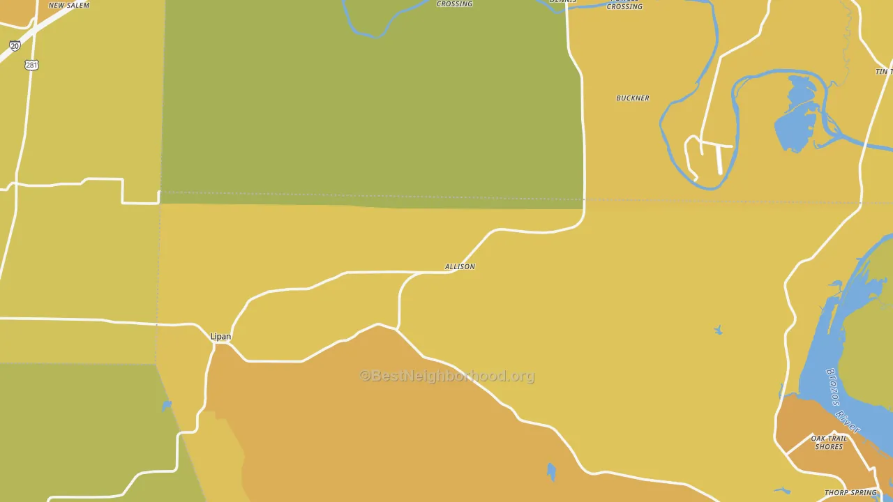 Map of the best neighborhoods in the Lipan area, with better matches in green and worse matches in red
