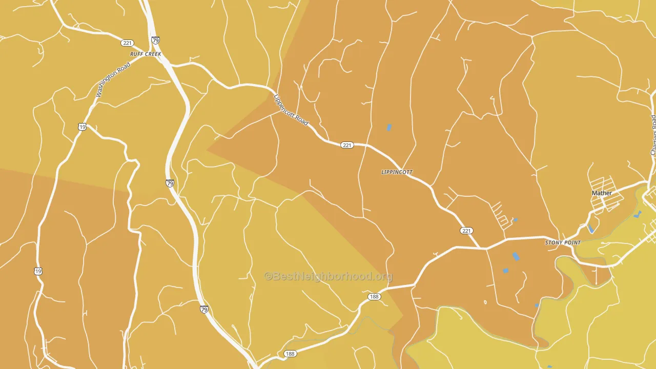 Map of the best neighborhoods in the Lippincott area, with better matches in green and worse matches in red