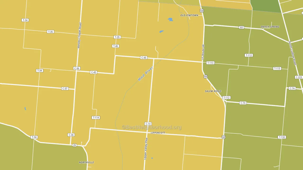 Map of the best neighborhoods in the Lippincotts area, with better matches in green and worse matches in red