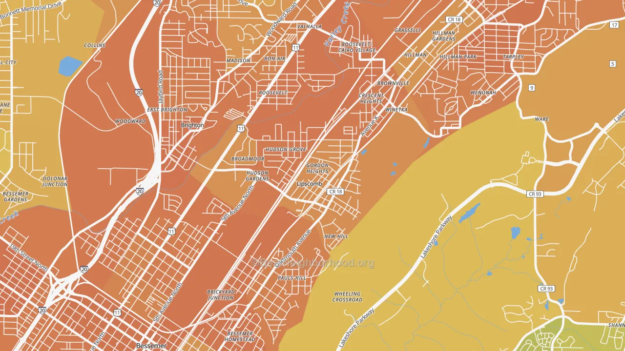Map of the best neighborhoods in the Lipscomb area, with better matches in green and worse matches in red