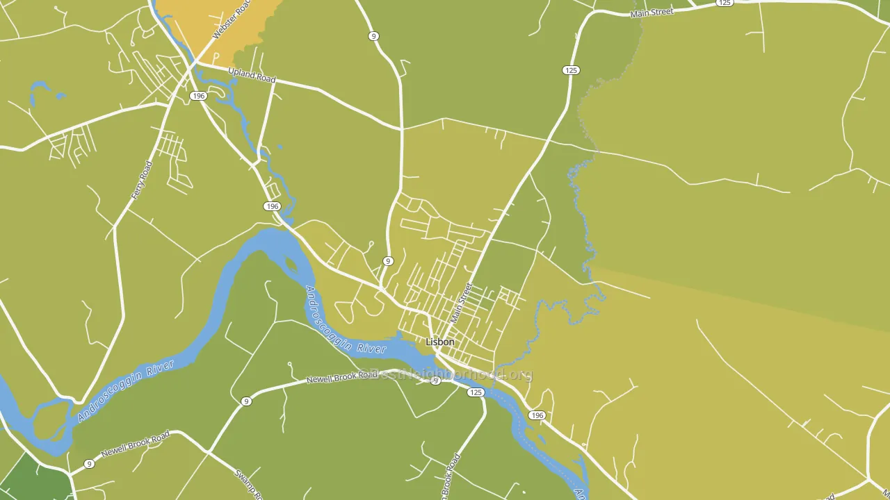 Map of the best neighborhoods in the Lisbon Falls area, with better matches in green and worse matches in red