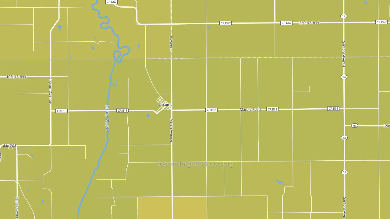 Map of the best neighborhoods in the Liscomb area, with better matches in green and worse matches in red