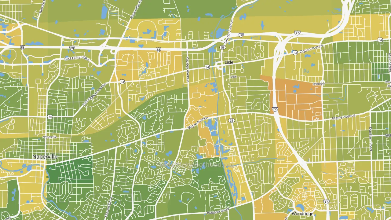 Map of the best neighborhoods in the Lisle area, with better matches in green and worse matches in red