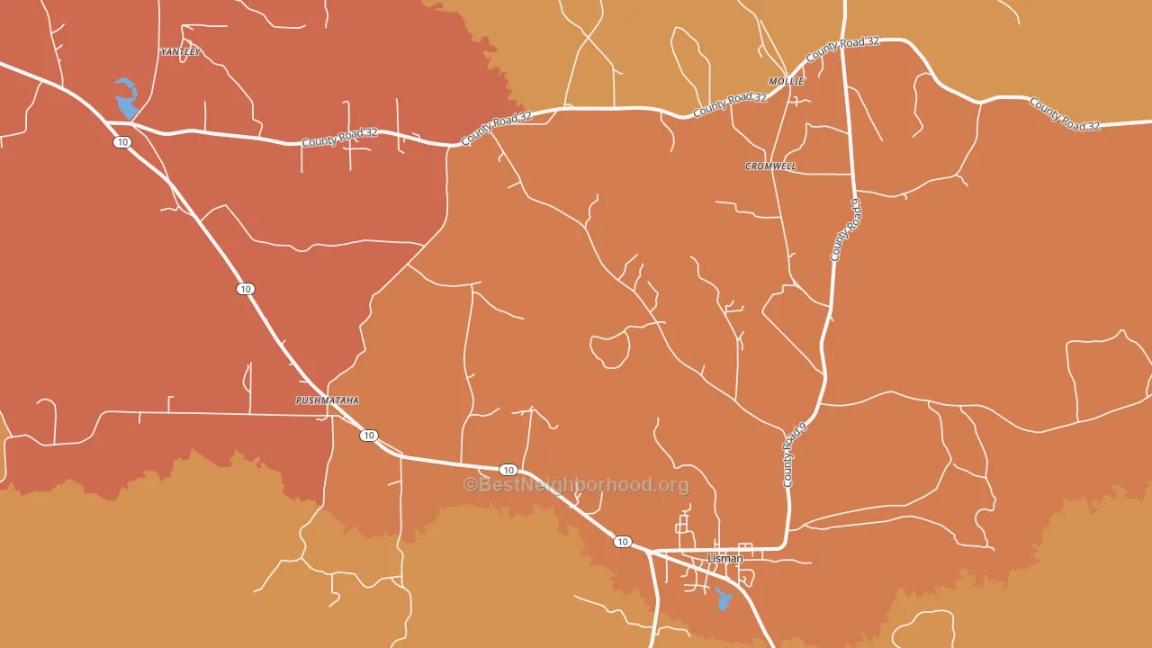 Map of the best neighborhoods in the Lisman area, with better matches in green and worse matches in red