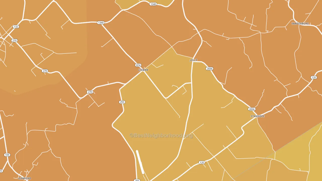 Map of the best neighborhoods in the Lisman area, with better matches in green and worse matches in red