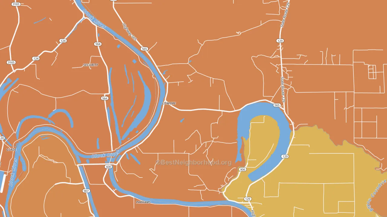 Map of the best neighborhoods in the Lismore area, with better matches in green and worse matches in red