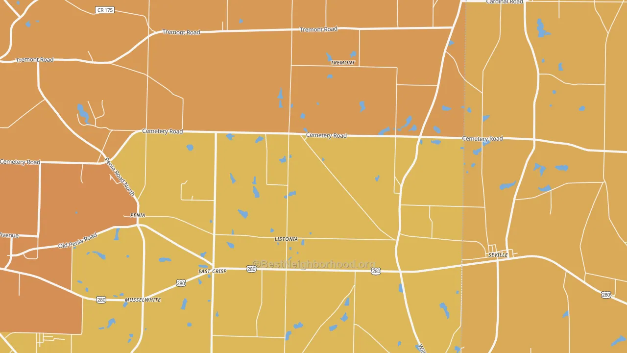 Map of the best neighborhoods in the Listonia area, with better matches in green and worse matches in red