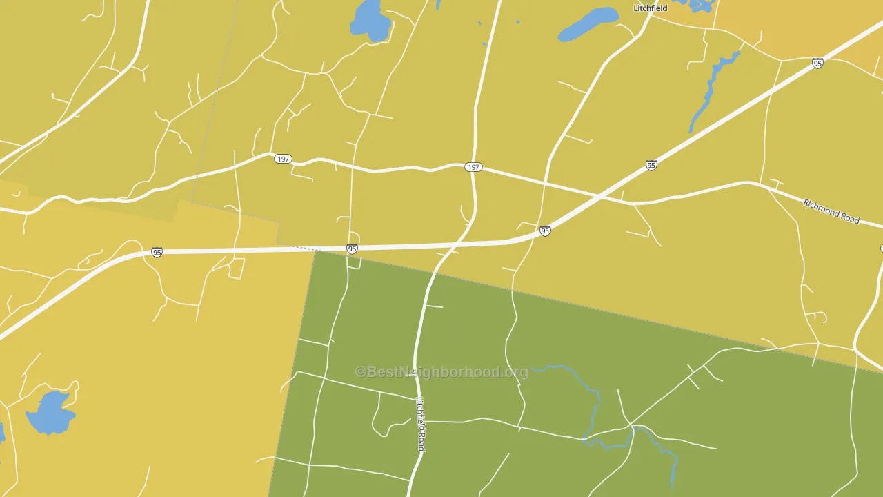 Map of the best neighborhoods in the Litchfield Corners area, with better matches in green and worse matches in red