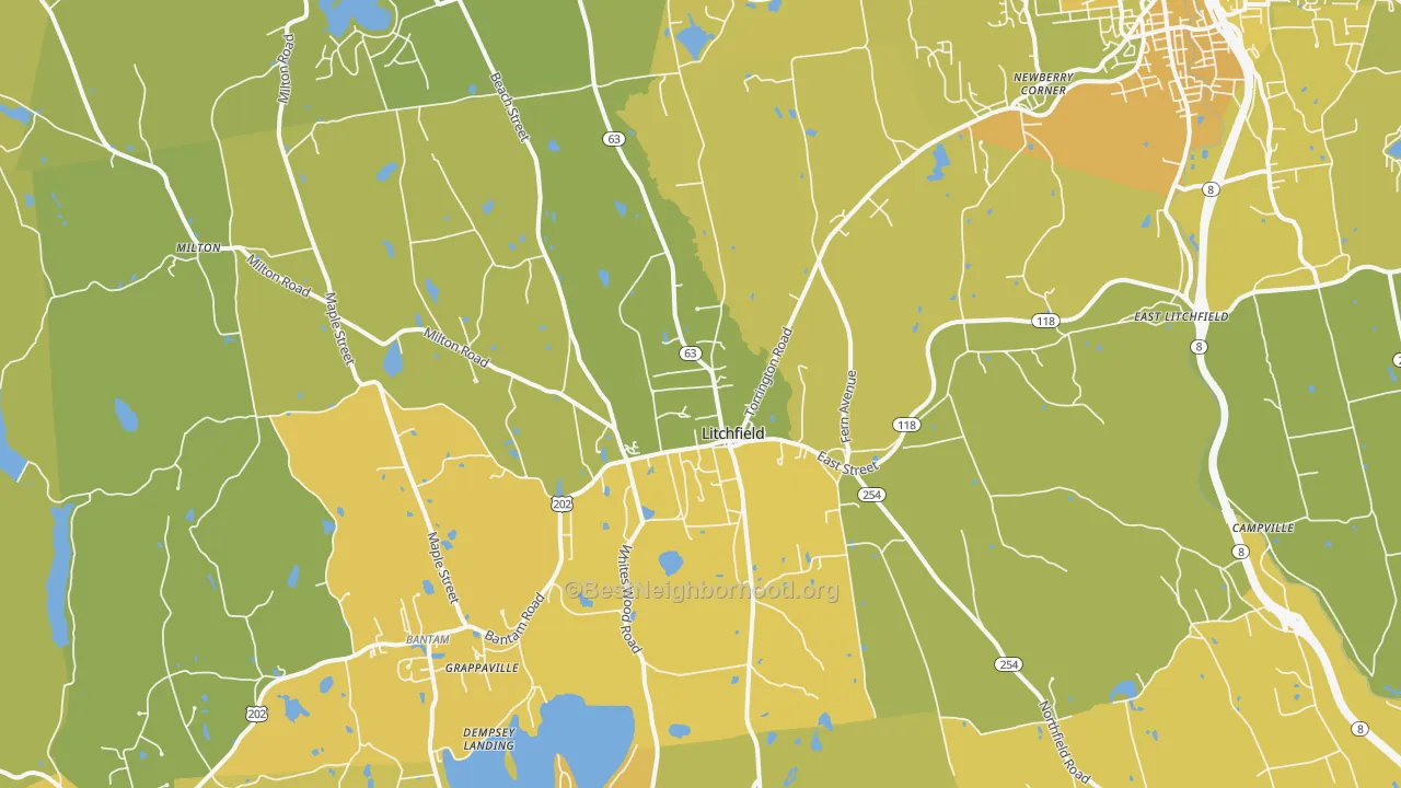 Map of the best neighborhoods in the Litchfield area, with better matches in green and worse matches in red