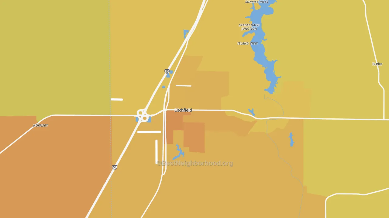 Map of the best neighborhoods in the Litchfield area, with better matches in green and worse matches in red