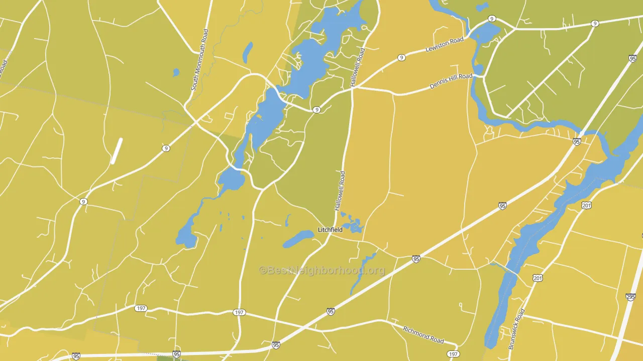 Map of the best neighborhoods in the Litchfield area, with better matches in green and worse matches in red