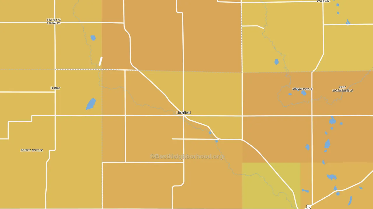 Map of the best neighborhoods in the Litchfield area, with better matches in green and worse matches in red