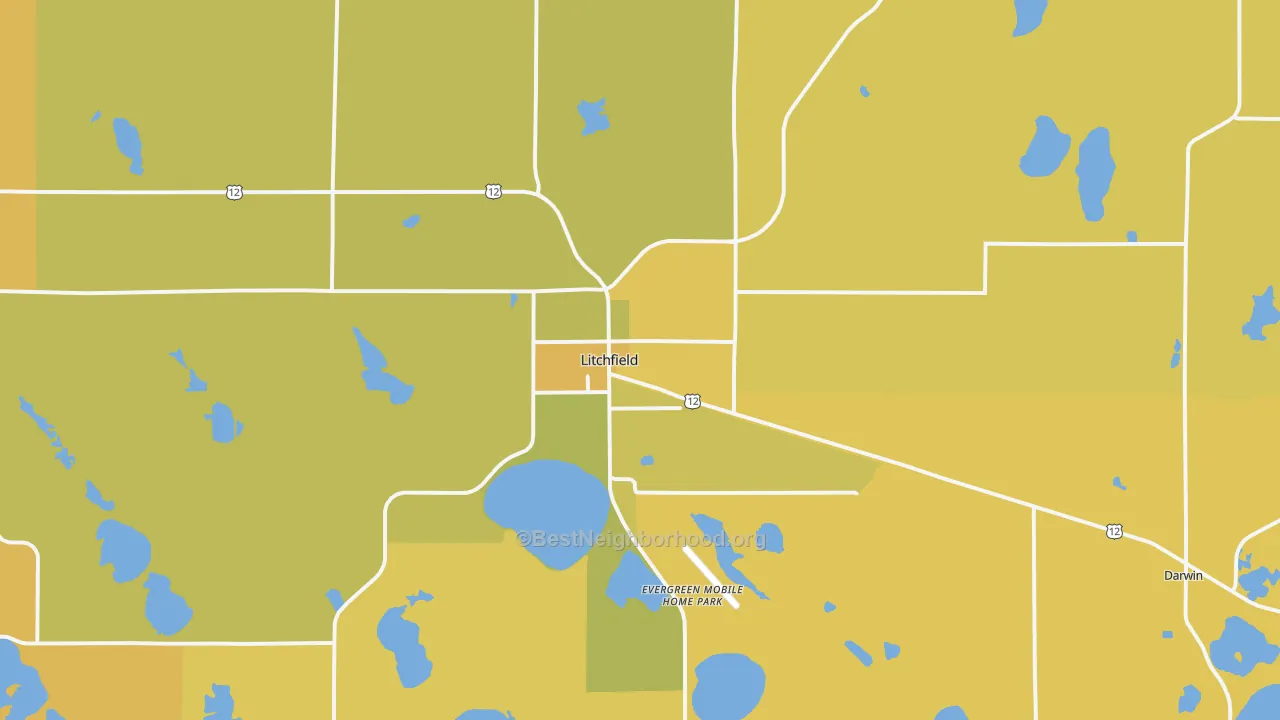 Map of the best neighborhoods in the Litchfield area, with better matches in green and worse matches in red