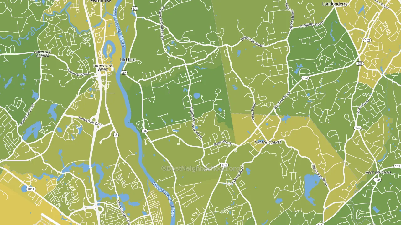 Map of the best neighborhoods in the Litchfield area, with better matches in green and worse matches in red