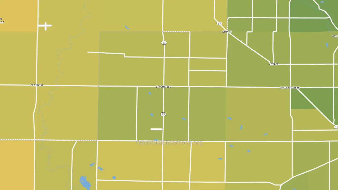 Map of the best neighborhoods in the Litchfield area, with better matches in green and worse matches in red