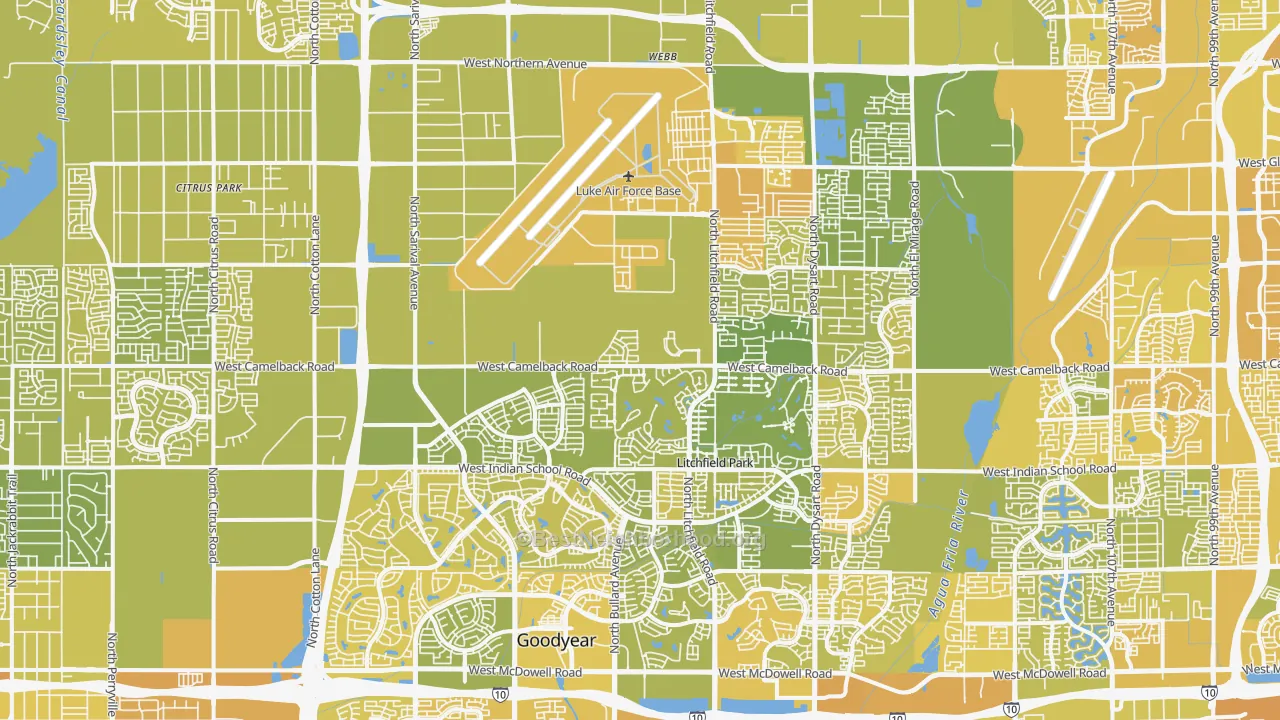Map of the best neighborhoods in the Litchfield Park area, with better matches in green and worse matches in red